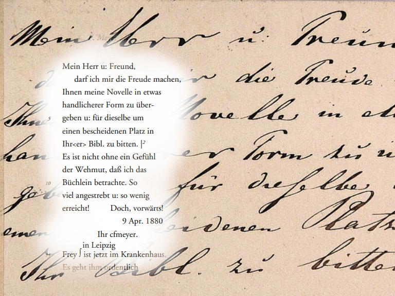 Faksimile C. F. Meyer an Gottfried Keller 9. 4. 1880 und Transkription