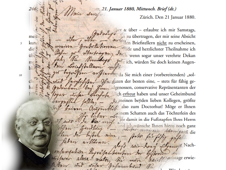 Georg von Wyß an C. F. Meyer 21.1.1880, Faksimile und Transkript mit Abbildung C. F. Mayer